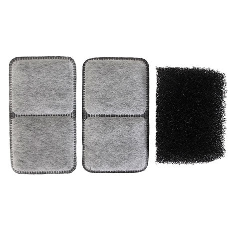 Two gray rectangular debris filters with stitched edges sit beside a single black porous charcoal filter, showcasing the varied Pet-mates Fresh Flow II filtration materials.