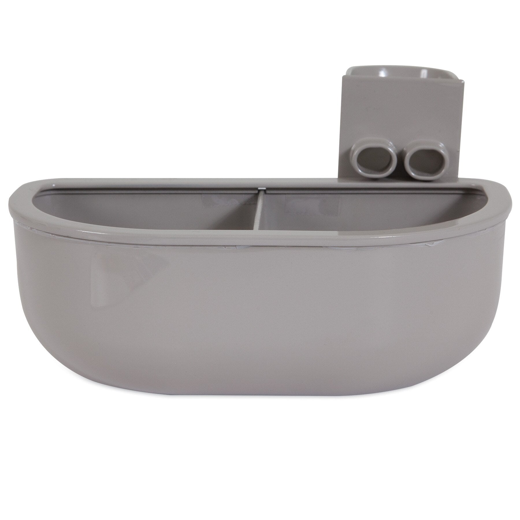 The Pet-mates No Spill Kennel Cup Double Diner by Pet-mates is a gray, BPA and lead-free plastic container with a rounded rectangular shape, featuring two compartments, two circular holes near the top, and a hook for hanging—ideal for travel.