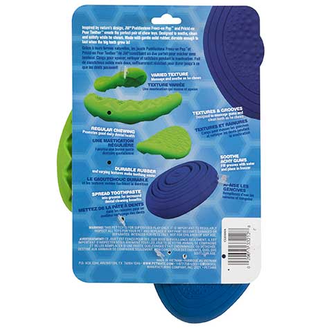 The JW Puppy Teeth-ee Set package features images and descriptions of puppy teething toys in green and blue, highlighting varied textures, durable non-toxic rubber, and grooves for toothpaste. Text is in both English and French.
