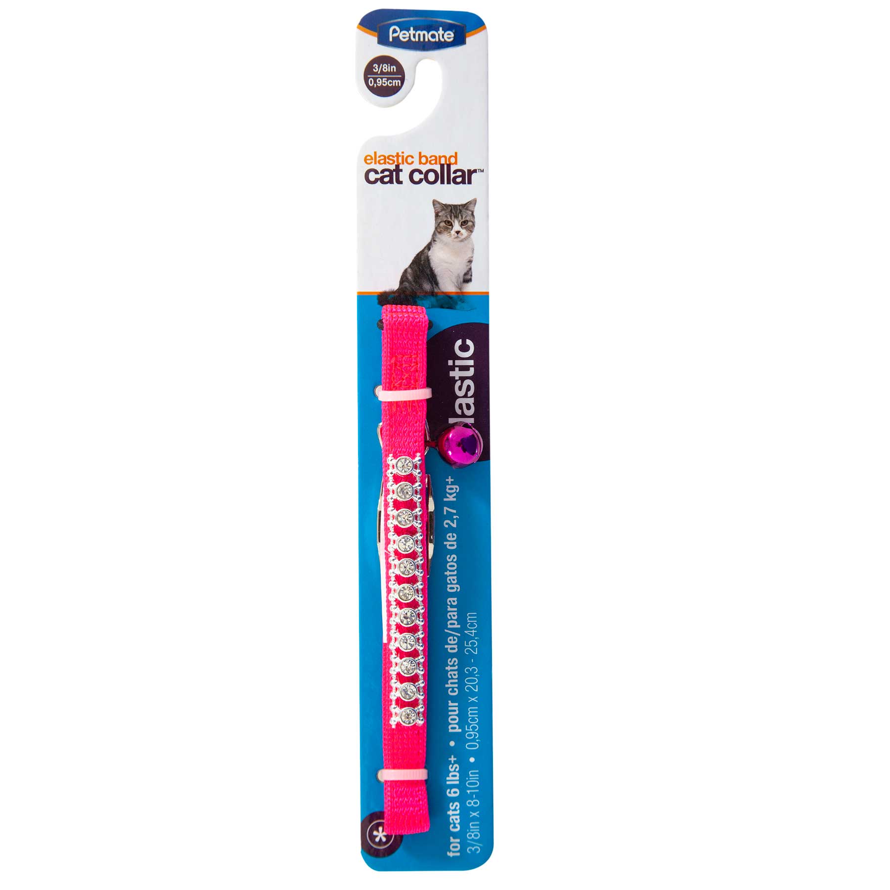 Packaging of the Pet-mates Pink Bling Elastic Cat Collar, adorned with silver fish designs. The collar fits cats weighing 2-7 kg and measures 0.35 cm x 20-35.5 cm. Image shows a cat wearing this stylish accessory.