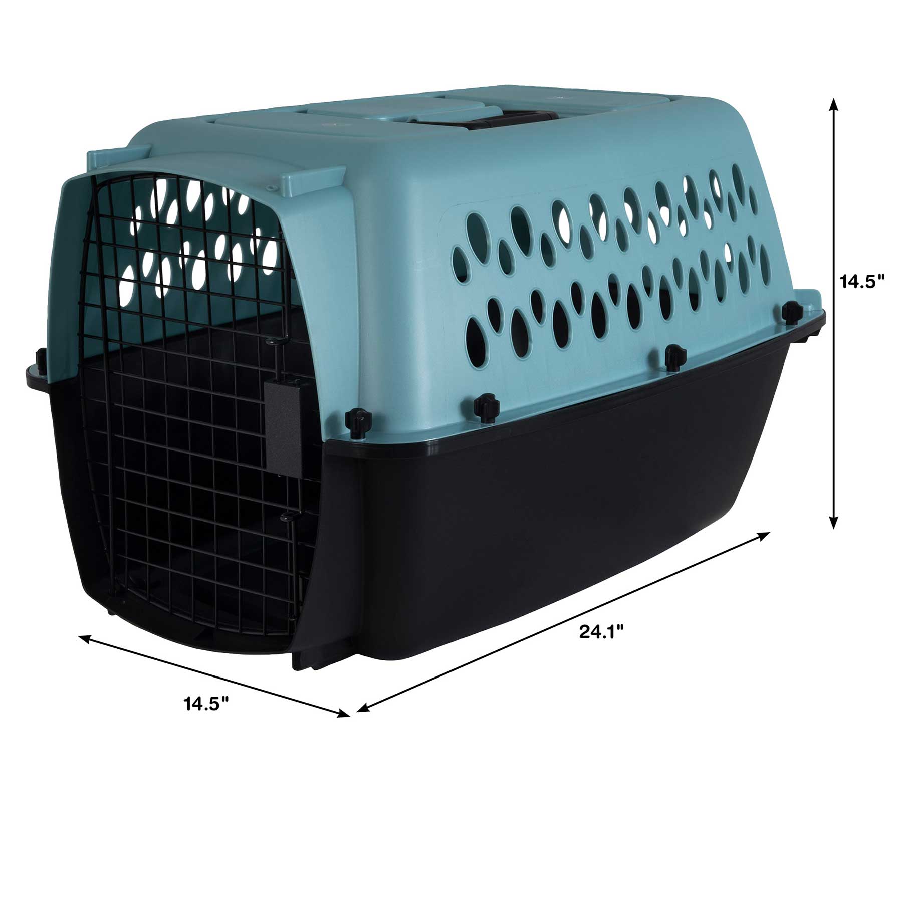 The Pet-mates Fashion All Purpose Vari Kennel by Pet-mates, in blue and black, has a metal door, side vents, and measures 24.1 x 14.5 x 14.5, making it perfect for pet travel and a great small dog carrier.