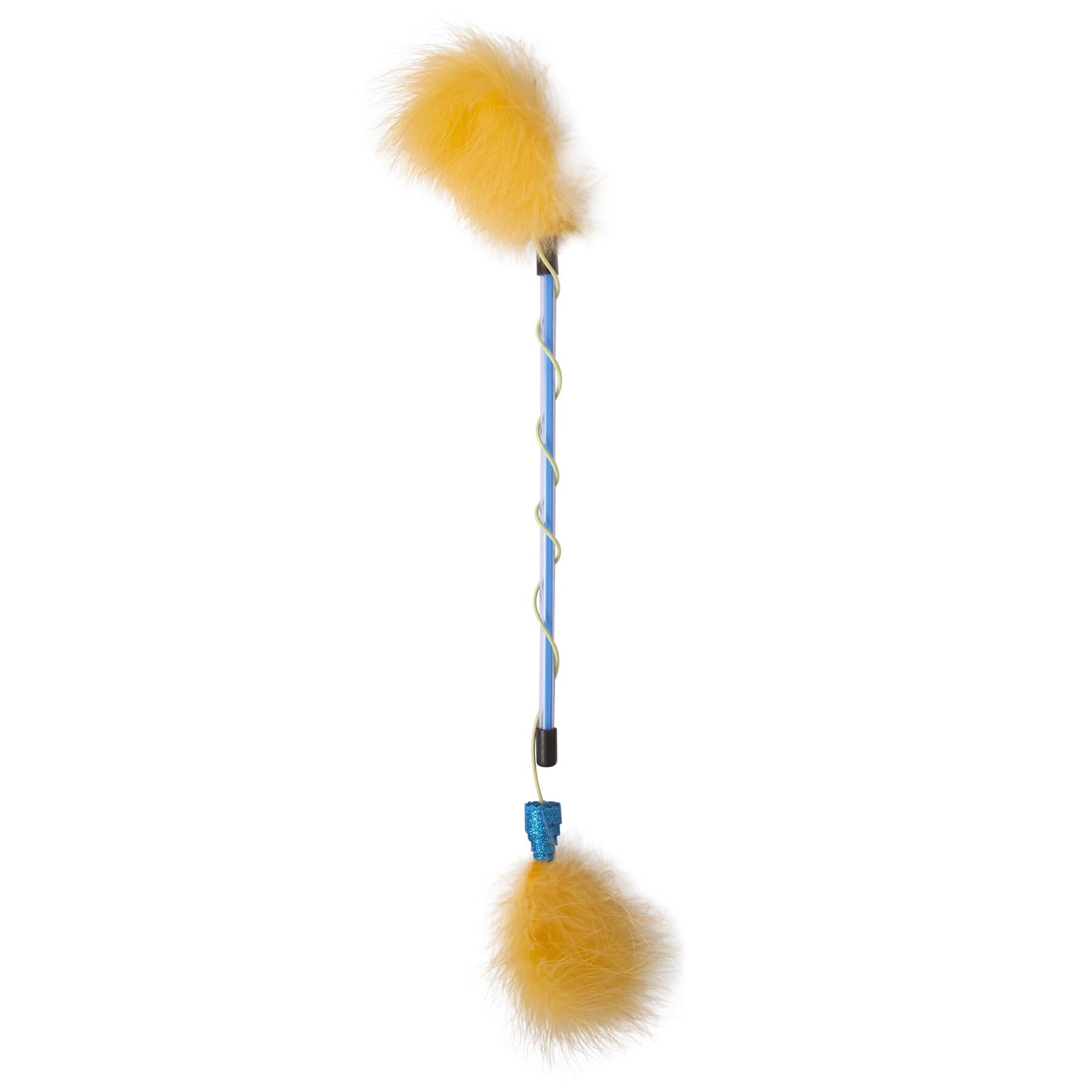 The JW Feather Wand Cat Toy by Jw features a blue wand with a spiral yellow coil and fluffy yellow pompoms of different sizes at each end, designed for interactive play to engage your feline friend.