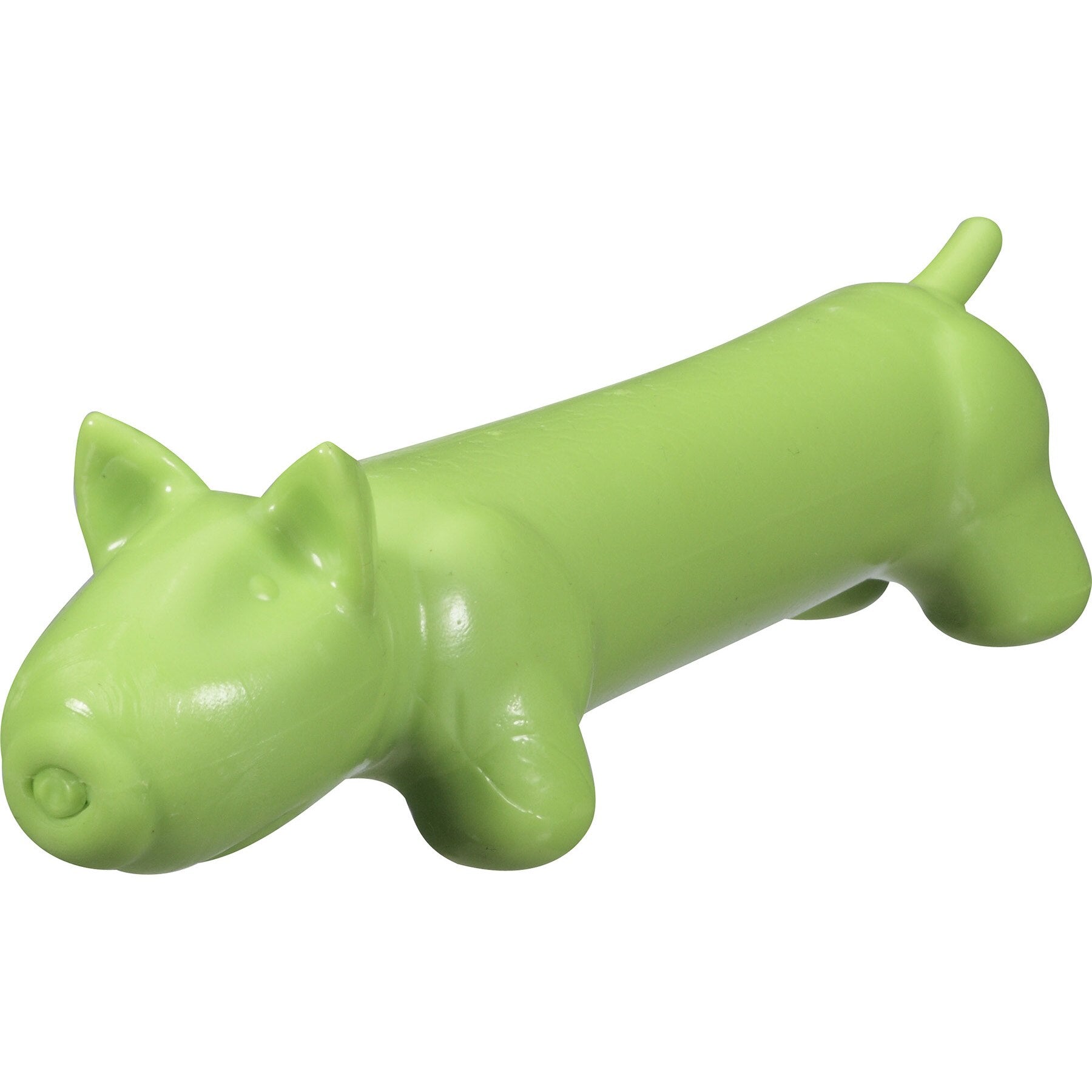 The JW Megalast Long Dog Squeaker Toy by Jw is a durable, vibrant green dog toy shaped like a pig with an elongated body, short legs, small ears, a snout, and a curly tail. Made from TPR in the USA for endless playful fun!.