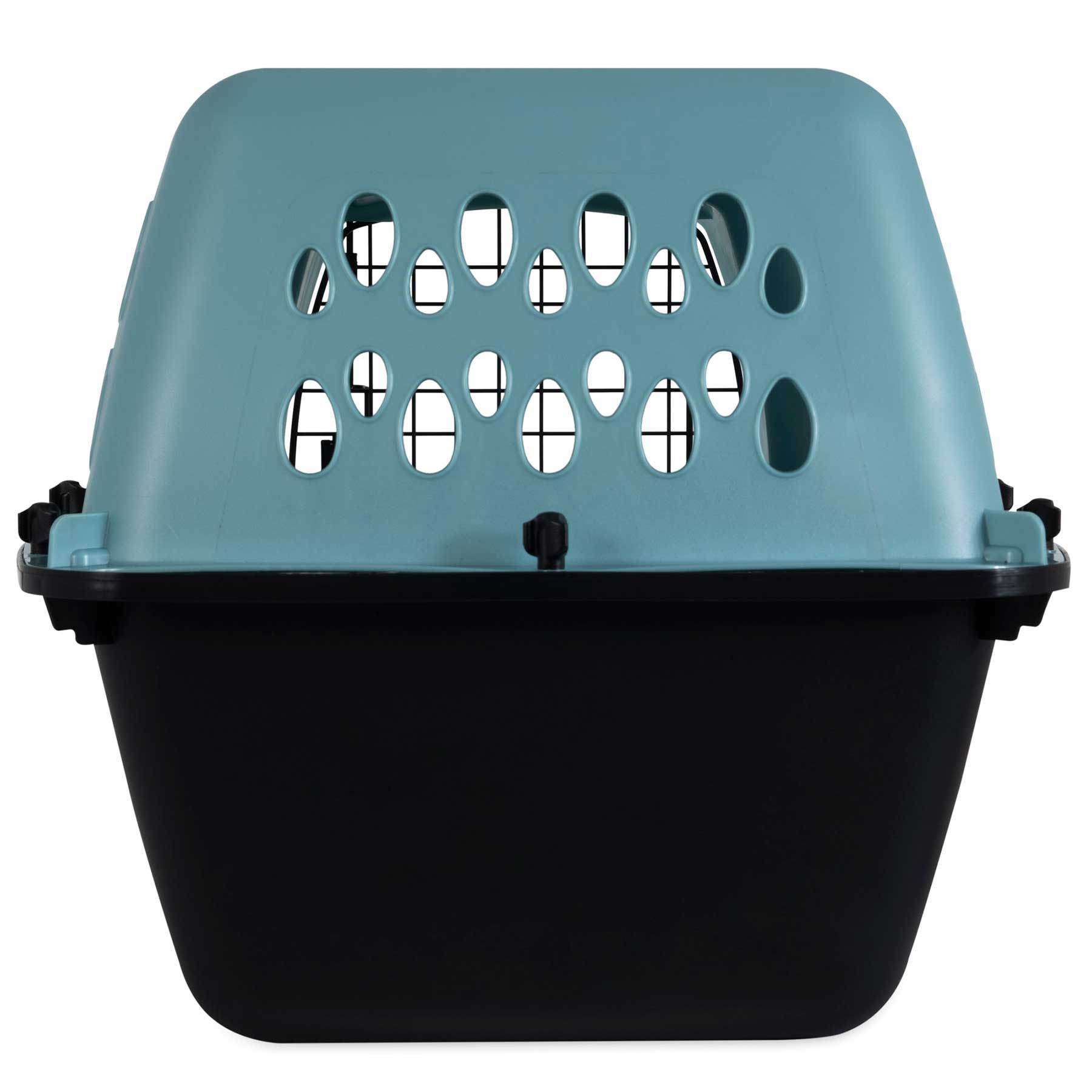The Pet-mates Fashion All Purpose Vari Kennel by Pet-mates is a small dog carrier with a teal top, oval ventilation holes, and a solid black bottom—great for pet travel and similar to popular Fashion Vari Kennels.