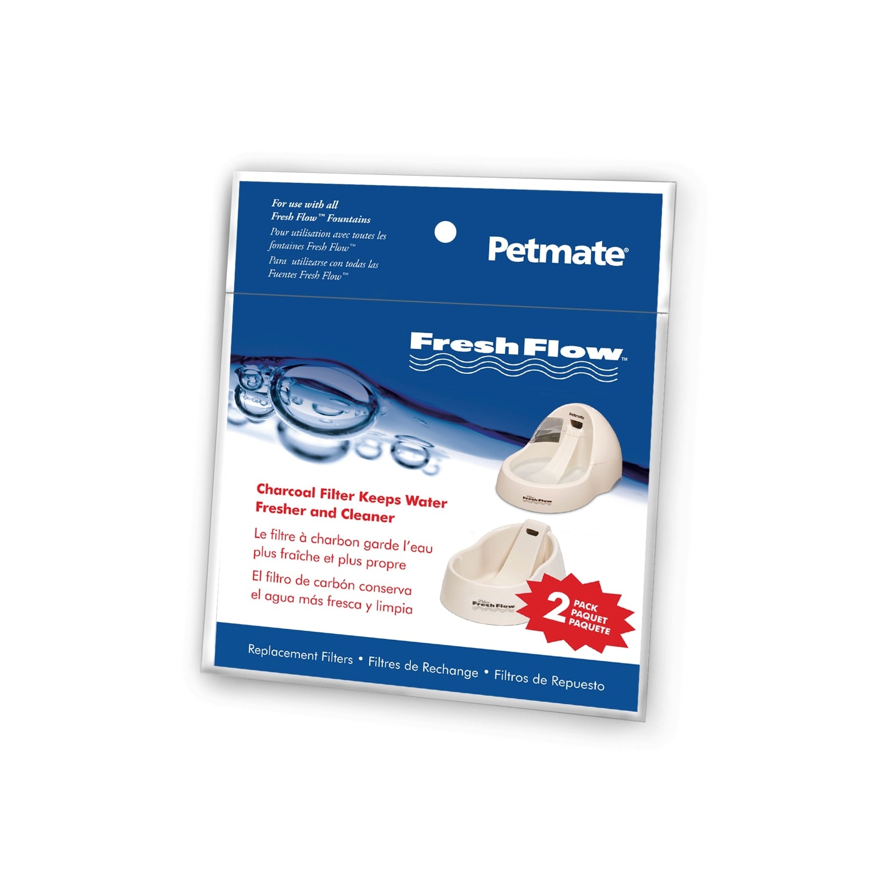 Pet-mates Fresh Flow Replacement Charcoal Filter package features an image of the filter with water droplets, emphasizing fresher, cleaner water. Includes two filters and instructions in English, French, and Spanish.
