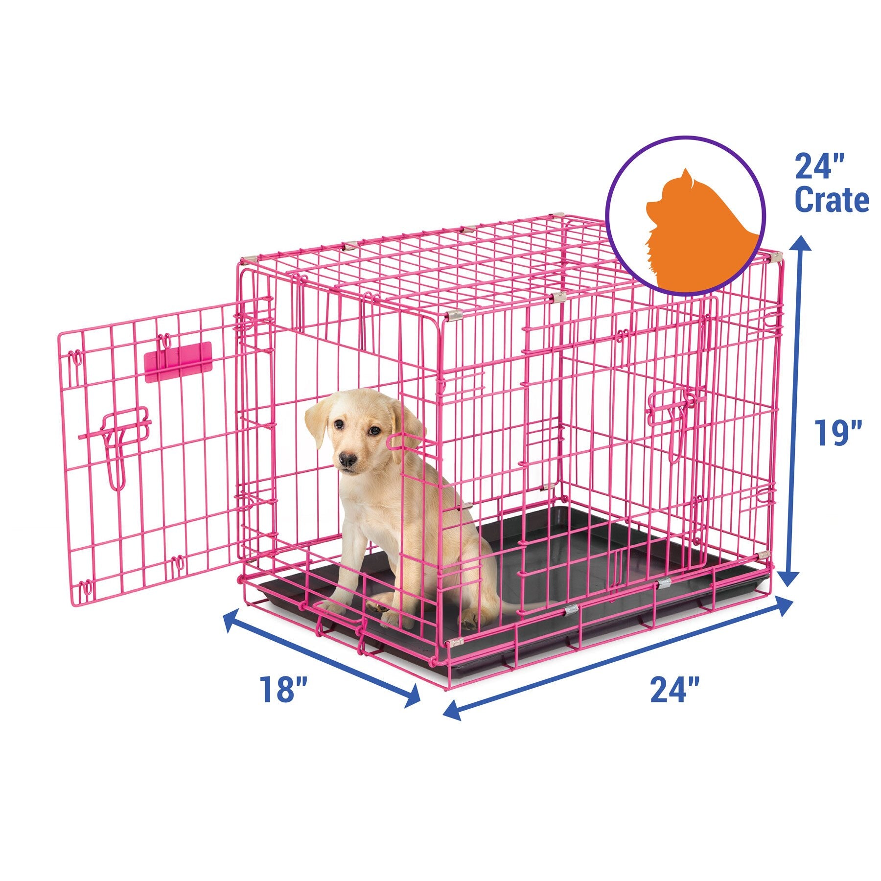 A small puppy is inside a Pet-mates 2 Door Wire Puppy Crate with an open door. Ideal for house training, this pink crate is 24 high, 19 wide, and 18 deep. An inset silhouette shows the size comparison of a sitting cat to the crate.