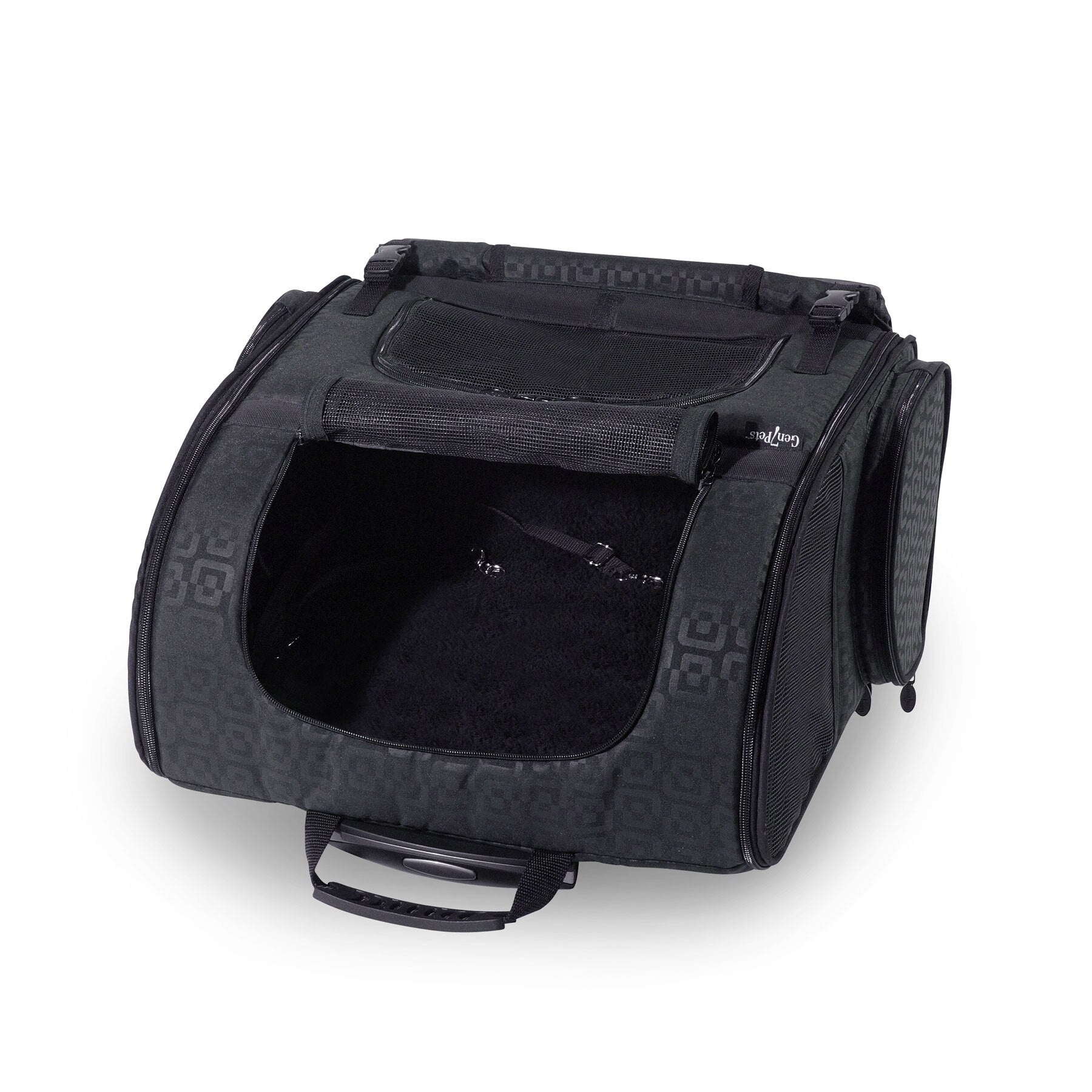 The Gen7Pets Black Geometric Roller-Carrier by Gen7 has a mesh window at the front, a top strap handle, and side pockets, all elegantly set against a white background.